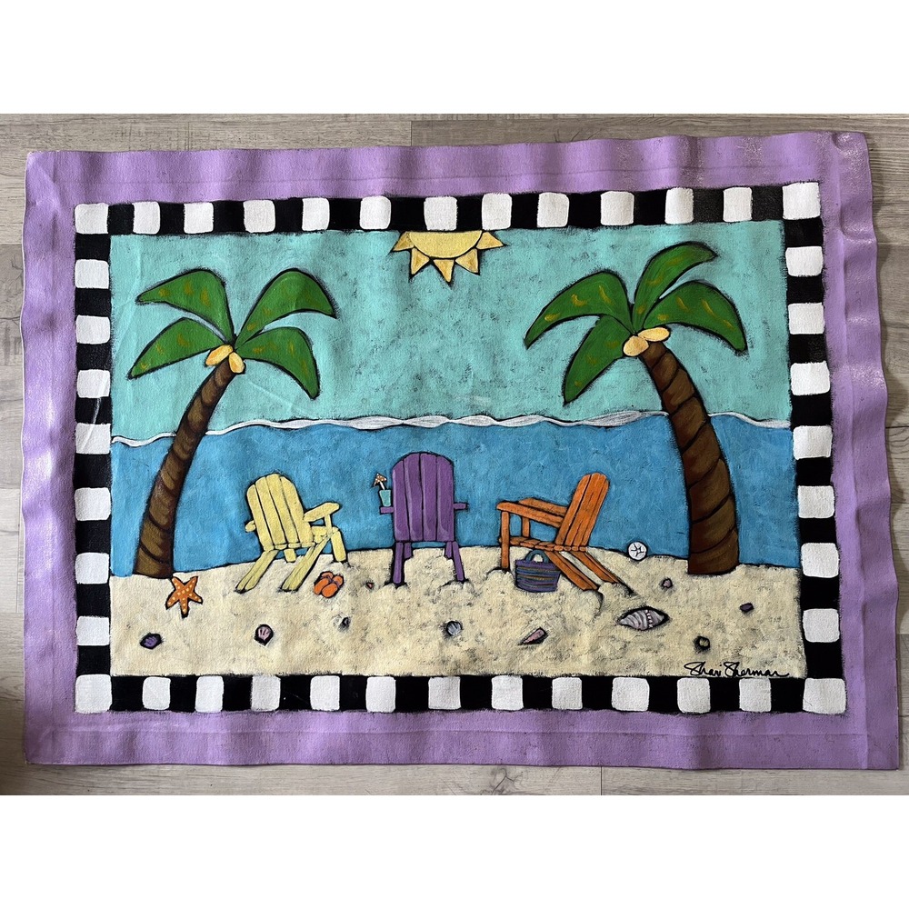Hand Painted Rug Art Floorcloth Tropical Palm Trees 48 X‎ 34 Beach